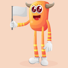 Cute orange monster waving white empty flag