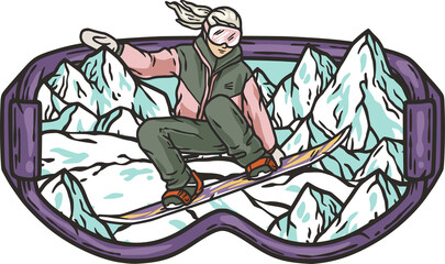 A snowboarder descends a snowy mountain in goggles. A winter extreme active sport. Printable print about snowboarding