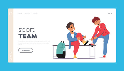 Sport Team Landing Page Template. Little Boys Friends Or Classmates Dress At Bench In Locker Room Vector Illustration