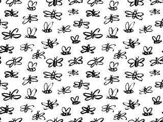 Childish style bees seamless pattern. Brush drawn abstract black flying bees. Random black and white butterflies silhouettes pattern. Trendy animal motif vector ornament. Simple insects. 