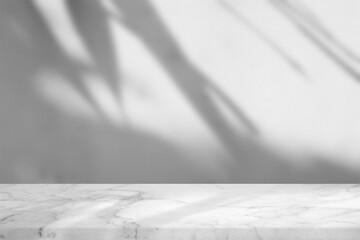 White Marble Table with Grass Leaves Shadow on Concrete Wall Texture Background, Suitable for Product Presentation Backdrop, Display, and Mock up.