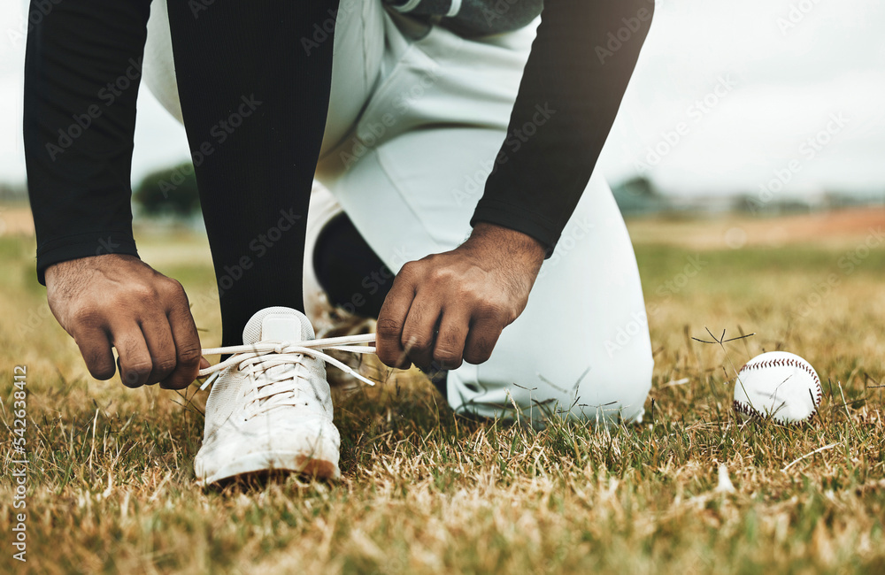 Poster Baseball, shoes and grass with ball and baseball player, sports and fitness closeup during game on baseball field. Competitive sport outdoor, exercise and workout, professional athlete and active.