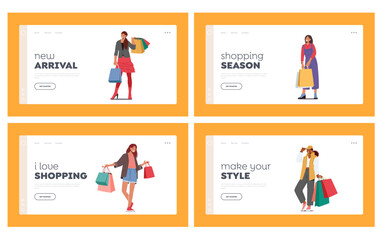 Shopping Seasonal Sale, Discount Landing Page Template Set. Young Women Holding Colorful Bags. Stylish Female Characters