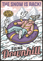 Tubing in the snow. Winter active sports. Snowboarding, tubing and alpine skiing in a vertical poster
