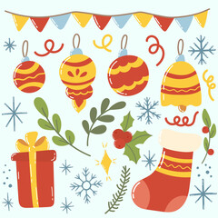 Set of Christmas or New Year decorative festive elements. Cute cozy hand drawn vector clip art.