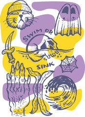 Pack illustrations skull cat knife wave fins monster hand skateboarding style