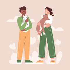 The concept of helping and loving pets. A woman and a man hold a cat and a dog in their arms.