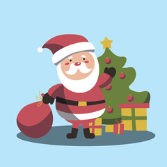 Vector illustration of cute Santa Claus mascot or character isolated on blue background. Flat style. EPS