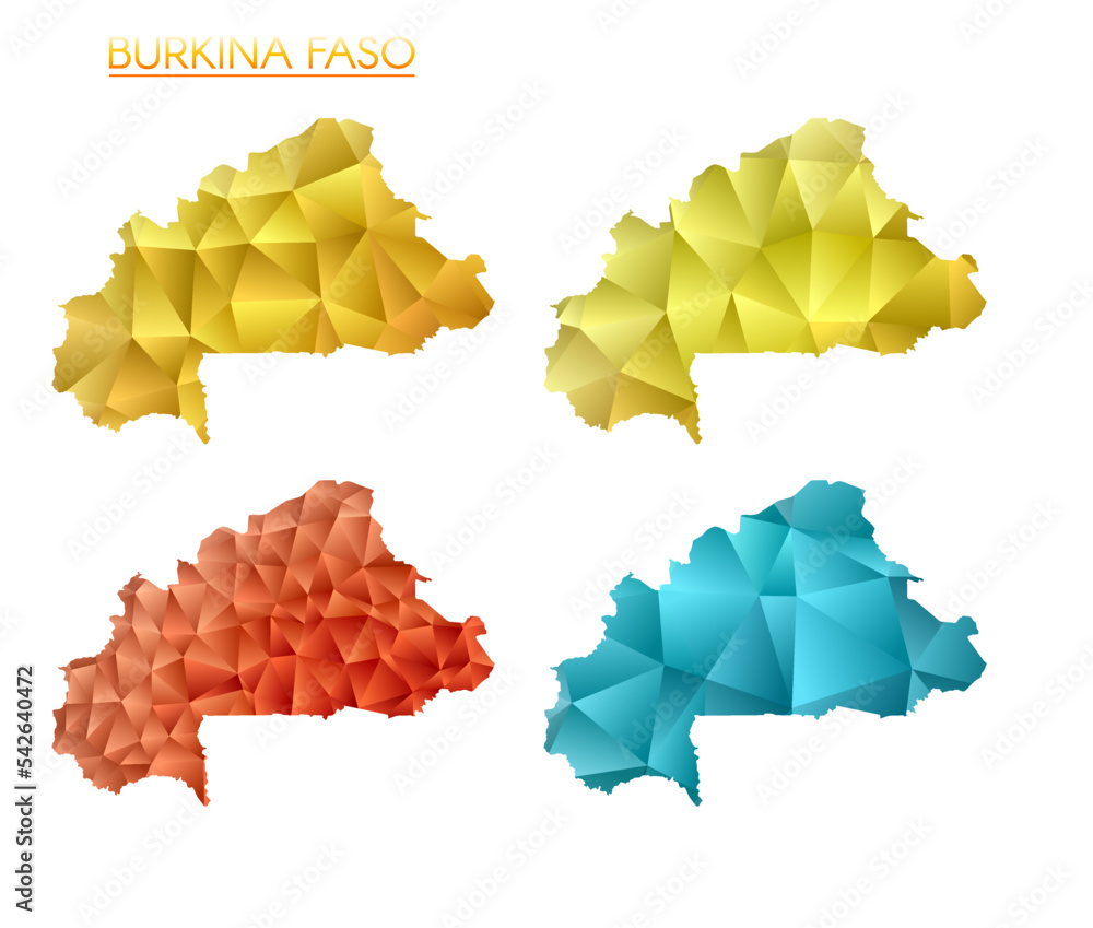 Aufkleber set of vector polygonal maps of burkina faso. bright gradient map of the country in low poly style. 