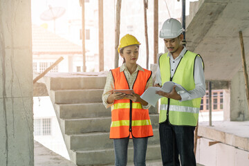 Builder inspection consultancy. Two engineer consulting and checking material and structure in construction.