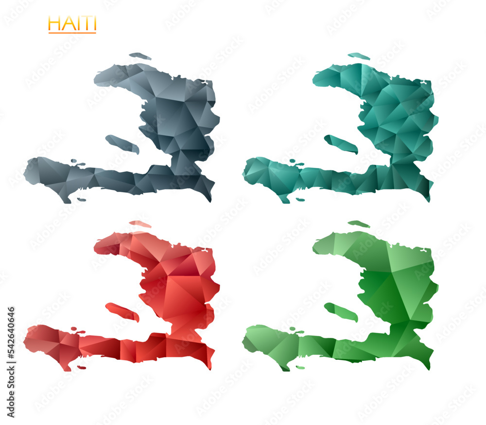 Poster set of vector polygonal maps of haiti. bright gradient map of the country in a low poly style. multi