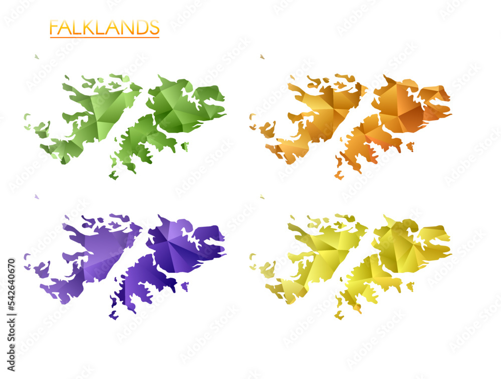 Poster set of vector polygonal maps of the falklands. bright gradient map of the country in a low poly styl