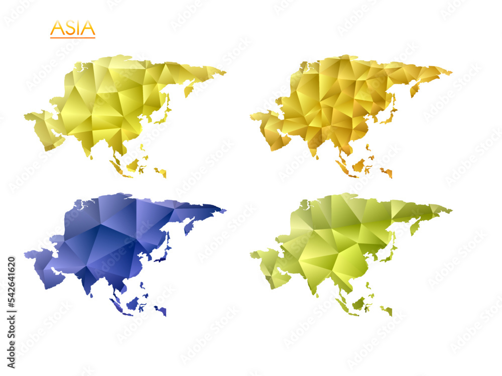 Poster set of vector polygonal maps of asia. bright gradient map of the continent in low poly style. multic