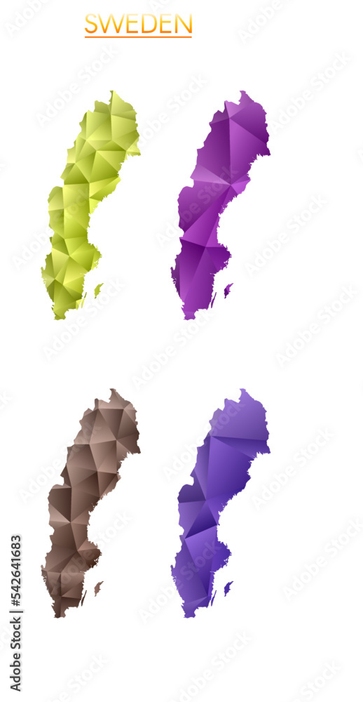 Poster set of vector polygonal maps of sweden. bright gradient map of the country in low poly style. multic