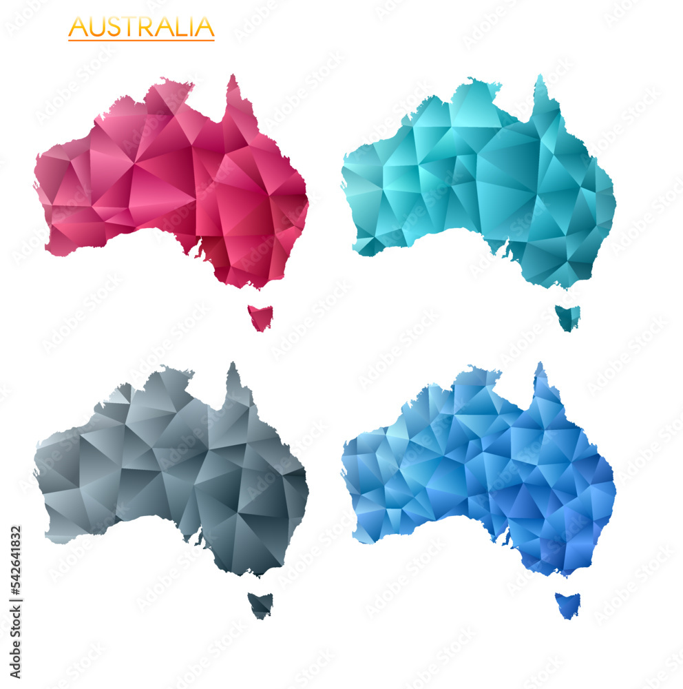 Poster set of vector polygonal maps of australia. bright gradient map of country in low poly style. multico