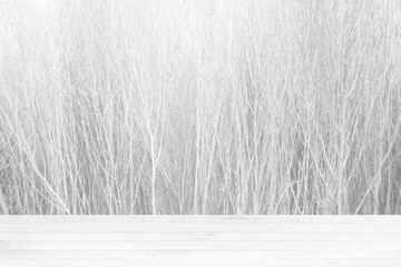 White Wood Table with Brushed Wall Texture Background, Suitable for Product Presentation Backdrop, Display, and Mock up.