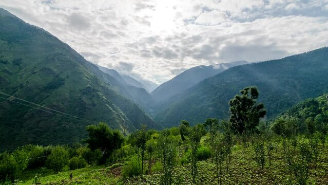 Thsi timelapse captures the sunrays on the range of mountains covered with vegetation and trees under white floating clouds in Sainj, Himachal Pradesh.