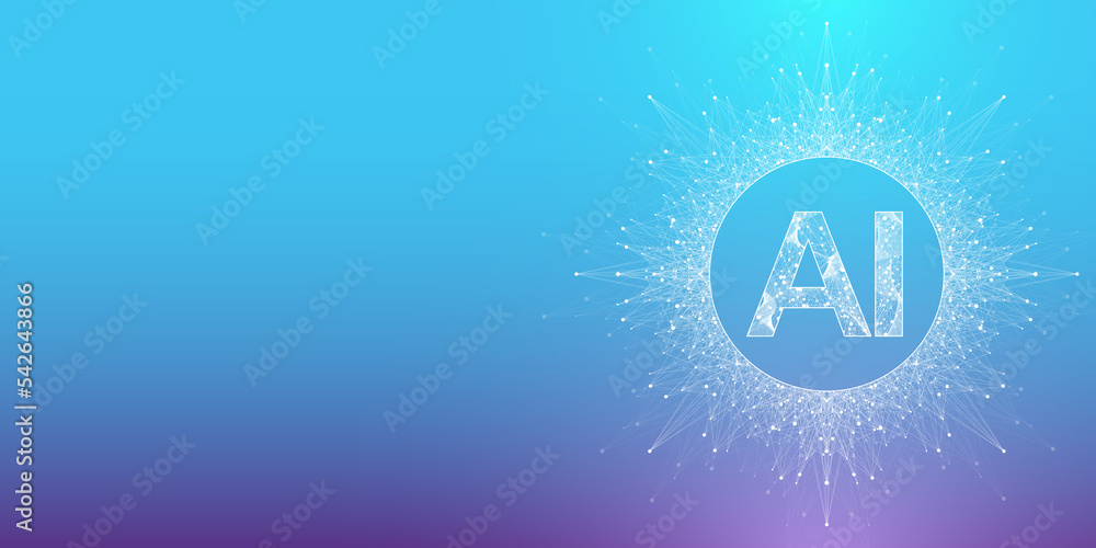 Fototapete Artificial intelligence logo. Machine Learning concept. Digital Brain. Neural Networks and Learning Processing Big Data. Data flow background illustration