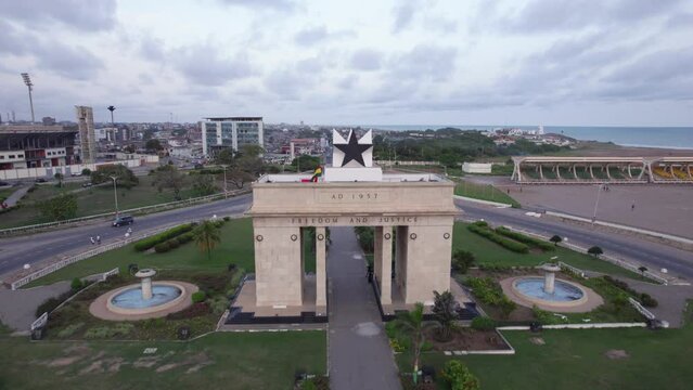 Aerial Reveal of Historic Black Star Gate Monument Ghana Accra