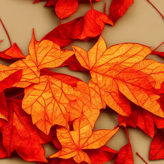 seamless red and orange autumn leaves on cream background