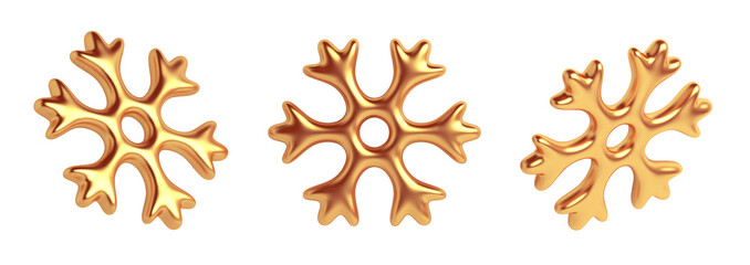 Set of gold snowflakes cartoon style on transparent background, 3d rendering illustration