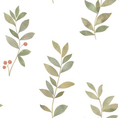 seamless watercolor pattern. Leaves on a branch for design.