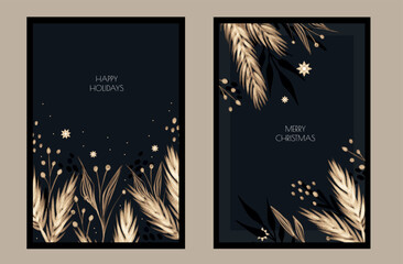 Set of Dark Hand drawn Christmas Greeting cards with Gold Branches and leaves. Winter Holidays Luxury background