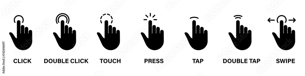 Poster cursor hand computer mouse silhouette icon. pointer finger black glyph pictogram set. click press do