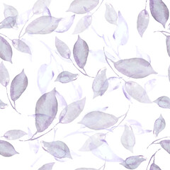 Watercolor gentle seamless pattern with abstract purple  leaves. Hand drawn floral illustration isolated on white background. For packaging, wrapping design or print. Vector EPS.