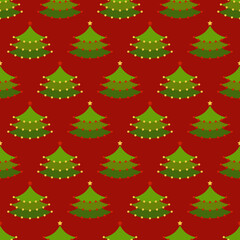 Christmas trees seamless pattern. Xmas trees with garland on red background. Happy New Year. Christmas background. Festive design for print on wrapper paper, fabric, packing. Vector illustration