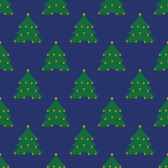 Christmas trees seamless pattern. Xmas trees with balls on blue background. Happy New Year concept. Christmas background. Festive design for print on wrapper paper, fabric, packing.Vector illustration