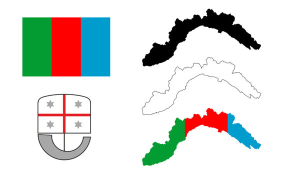 Illustrazione vettoriale silhouette regione Liguria, stemma effigie simbolo bandiera a colori