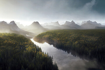 Aerial view of river in forest with mountain as Scandinavian landscape