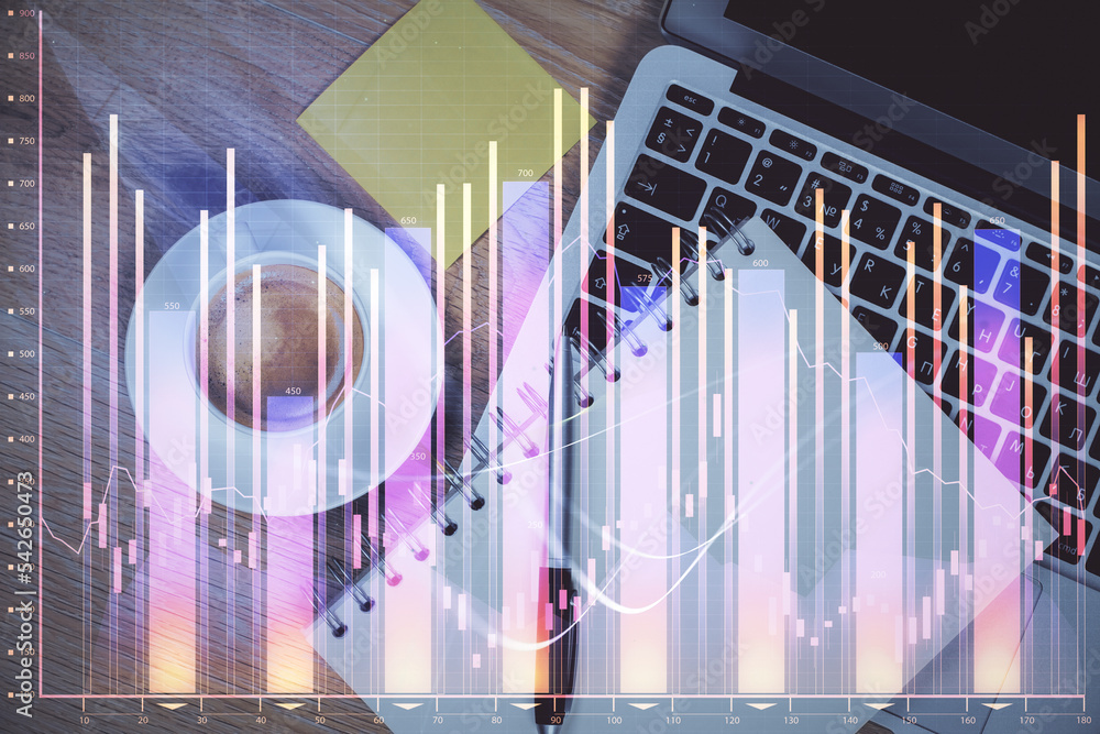 Aufkleber Double exposure of forex chart drawing over table background with computer. Concept of financial research and analysis. Top view.