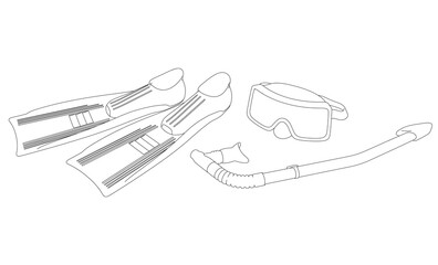 Scuba diving outline from black lines isolated on white background. Fins, mask and snorkel. 3D. Vector illustration.
