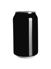 Black can with beverage isolated on white. Mockup for design