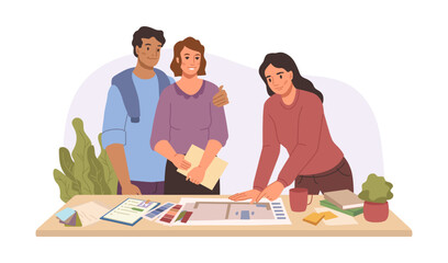 Interior designer working with clients, making house project for couple. Choosing concepts and colors for home. Flat cartoon character, vector in flat style