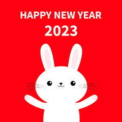 Happy Chinese New Year 2023. The year of the rabbit. Bunny holding paw print hands up. Cute kawaii cartoon funny baby character. White farm animal. Flat design. Red background. Isolated.