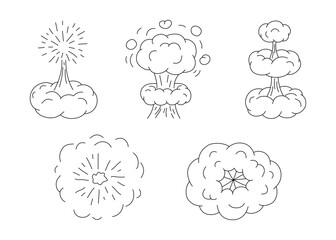 Explosion with cloud of smoke, effect steam, doodle line set. Hand drawn element splash, stepwise and wave cloud from burst. Collection outline sketch. Vector illustration