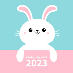 Happy Chinese New Year 2023. The year of the rabbit. White bunny. Cute cartoon kawaii funny smiling baby character. Farm animal. Blue background. Isolated. Flat design