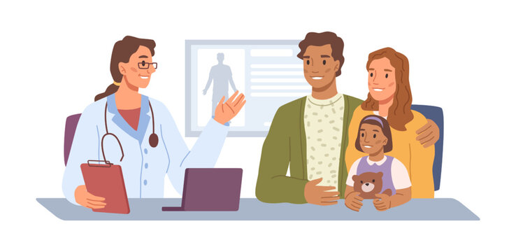 Patients At Consultation With Family Doctor. Clinics Or Hospital Medical Worker Giving Treatment To Child. Flat Cartoon Character, Vector In Flat Style