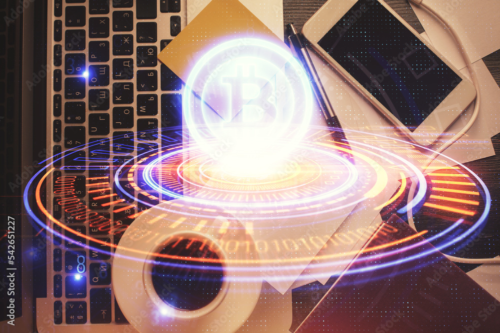 Poster Blockchain theme hologram drawings over computer on the desktop background. Top view. Multi exposure. Concept of cryptoeconomy.