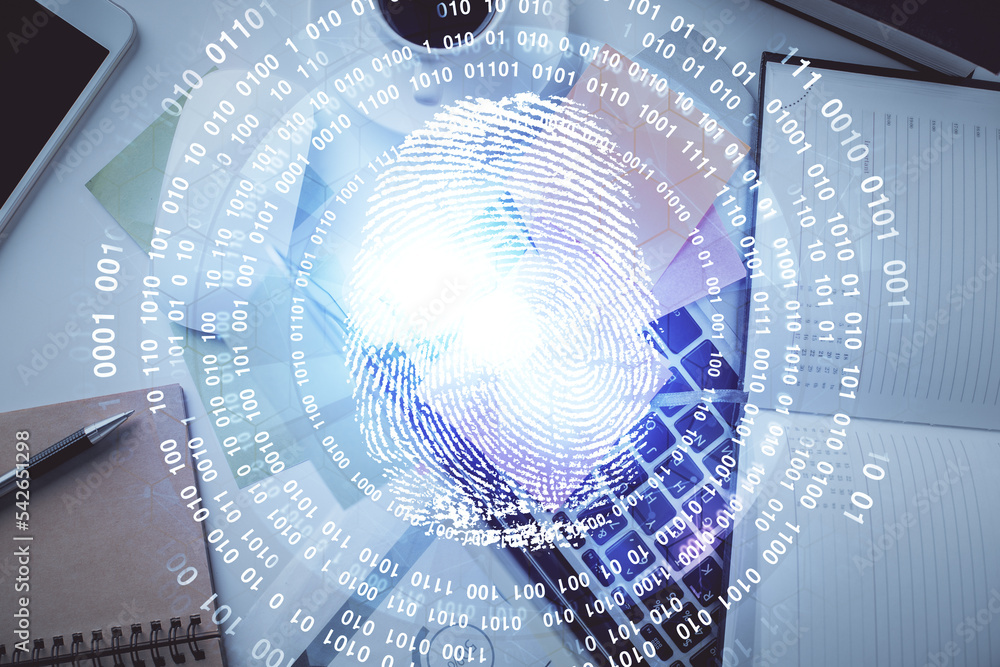 Aufkleber Finger print over computer on the desktop background. Top view. Double exposure. Concept of securitization.