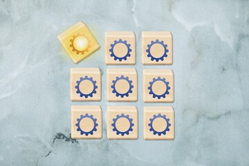 Set of wooden cubes or blocks with gears images