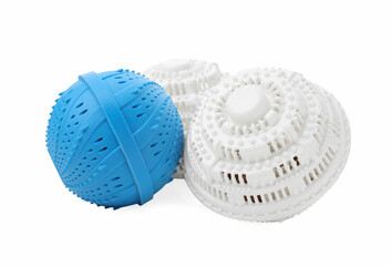 Many Dryer balls for washing machine on white background. Laundry detergent substitute