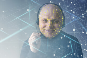 Future. Face Detection. Biometric Facial Recognition. ID Information Security. 3D Scanning of Face of Caucasian Server Engineer Working with Tablet at Data Center. Data Analyzing Animation with Points