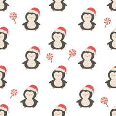 Seamless pattern Christmas penguins in santa claus hat and sweets.Christmas and New Year concept for wrapping paper,textile.