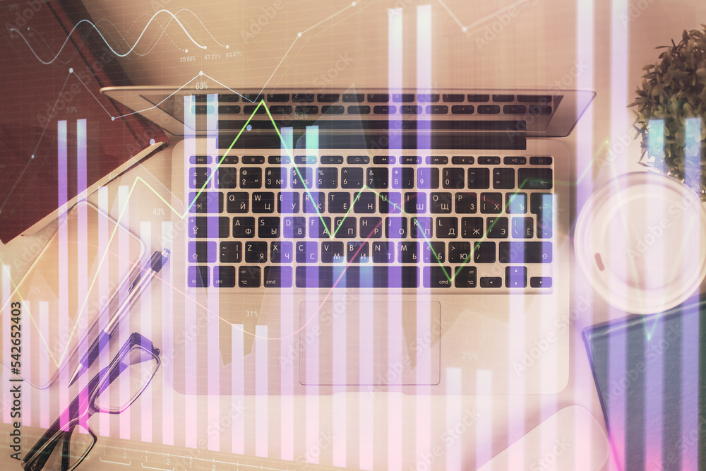 Poster multi exposure of financial chart drawing over table background with computer. concept of research. 