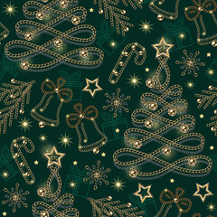 Seamless pattern with christmas tree, bells, candy cane, spruce branch made of jewelry gold chains, shiny ball beads. Gift box icon, stars, sparkles on green background