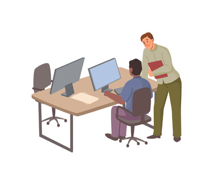 Employees working in office, isolated people talking on workspace. Man sitting by computer interrupted by boss or manager. Vector in flat cartoon style